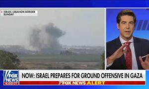 still of Jesse Watters; footage of Israel-Lebanon border; chyron: Now: Israel prepares for ground offensive in Gaza
