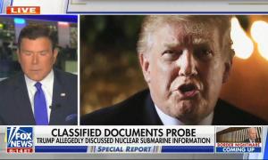 still of Baier; image of Trump; chyron: Classified documents probe Trump allegedly discussed nuclear submarine information