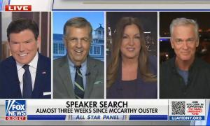still of Baier, Brit Hume, Leslie Marshall, Trace Gallagher; chyron: Speaker search almost three weeks since McCarthy ouster