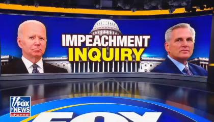 A Fox News graphic showing President Biden and Speaker McCarthy with an image of the Capitol Building overlaid by the words "Impeachment Inquiry"