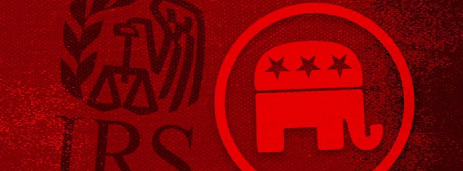 IRS and GOP logos on a red background 