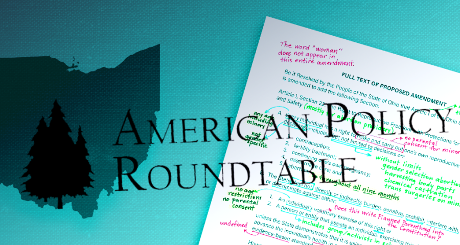 an outline of Ohio and an annotated version of the proposed 2023 abortion amendment appear along with the logo of the American Policy Roundtable