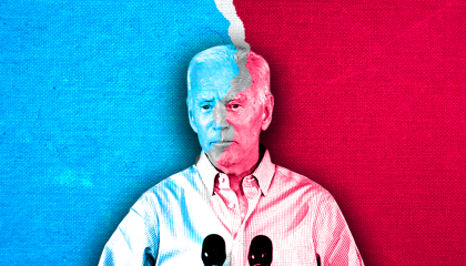 Joe Biden with a blue and red background