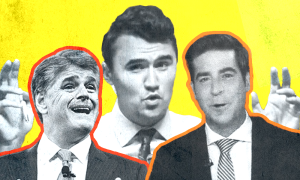 Images of Charlie Kirk, Sean Hannity, and Jesse Watters against a yellow background