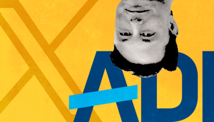 The X logo and the ADL logo with Musk's face on a yelllow background 
