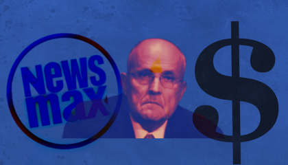 A photo of Rudy Giuliani, with a Newsmax logo in a black circle over his right shoulder and a dollar sign over his left shoulder, all against a blue background