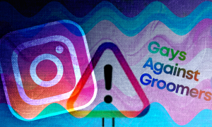 The Instagram logo next to the Gays Against Groomers logo