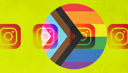 The Instagram logo on a yellow background with the pride flag