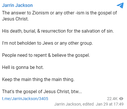 Jarrin Jackson on Telegram: "I'm not beholden to Jews or any other group."
