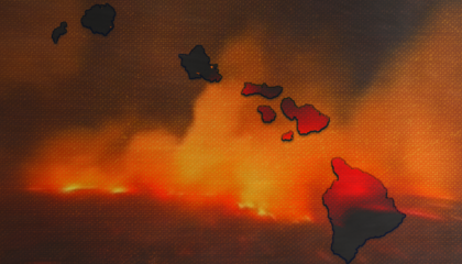 Image of Hawaii islands superimposed over image of fire