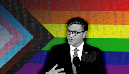 Mike Johnson, in black and white, against a faded LGBTQ progress flag
