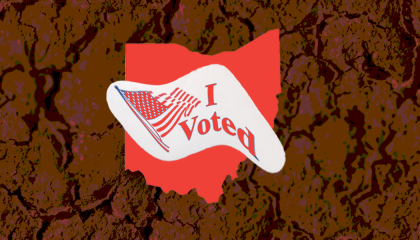 On a dark brown background, the outline of Ohio is shown in red with a "I Voted" sticker overlaid on top
