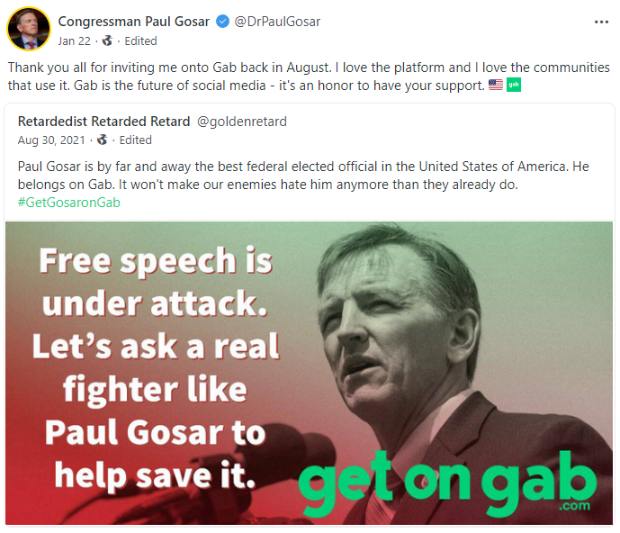 Gosar quoted an antisemitic Gab user to praise Gab