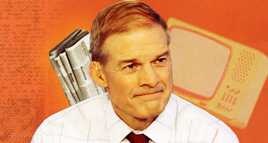 Image of Rep. Jim Jordan against an orange background with a newspaper and television