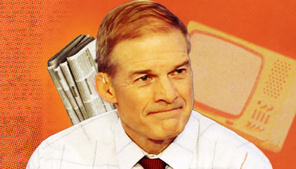 Image of Rep. Jim Jordan against an orange background with a newspaper and television