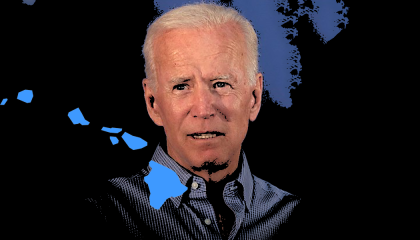 On a black background, Biden's face is seen in the middle of the image with a blue outline of Hawaii in the bottom right corner.