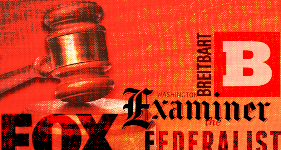 Image of a gavel with logos for Breitbart, Fox, Washington Examiner, and the Federalist