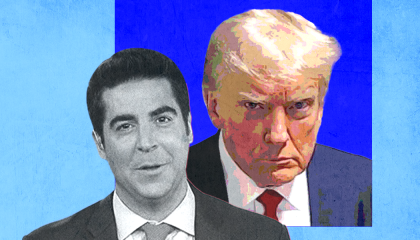 A black and white image of Fox host Jesse Watters, against a light blue background, with the mug shot of former President Donald Trump behind his left shoulder, against a darker & richer blue background