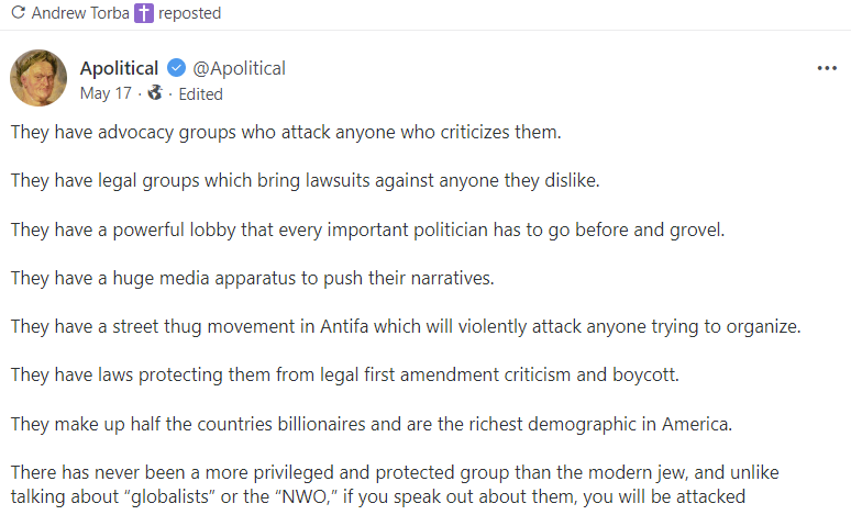 Torba reposted a Gab user claiming that “there has never been a more privileged and protected group than the modern jew"