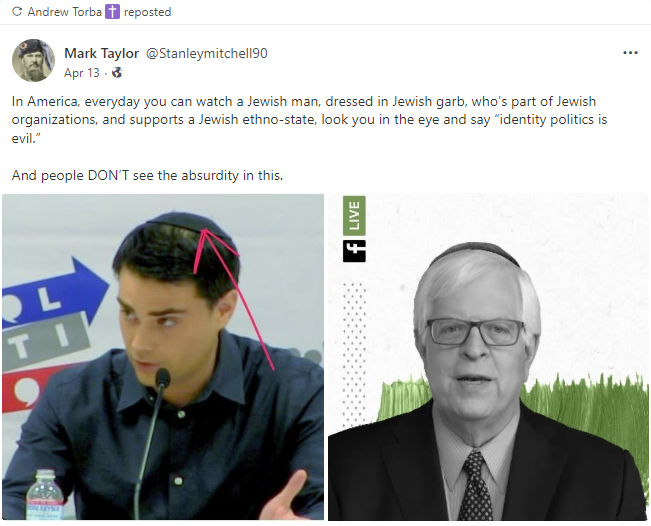 Torba reposted a user attacking Ben Shapiro and Dennis Prager for being Jewish. 