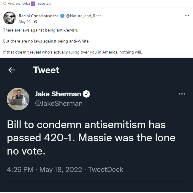 Torba reposted a user (“Racial Consciousness”) complaining about a U.S. House measure that condemned antisemitism