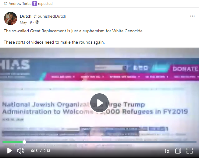 Torba reposted a conspiracy theory video attacking Jewish people for “white genocide”