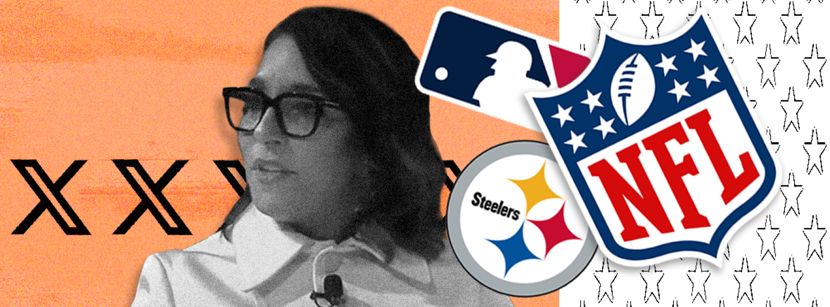 Yaccarino and the logos of MLB, the NFL, and the Pittsburgh Steelers